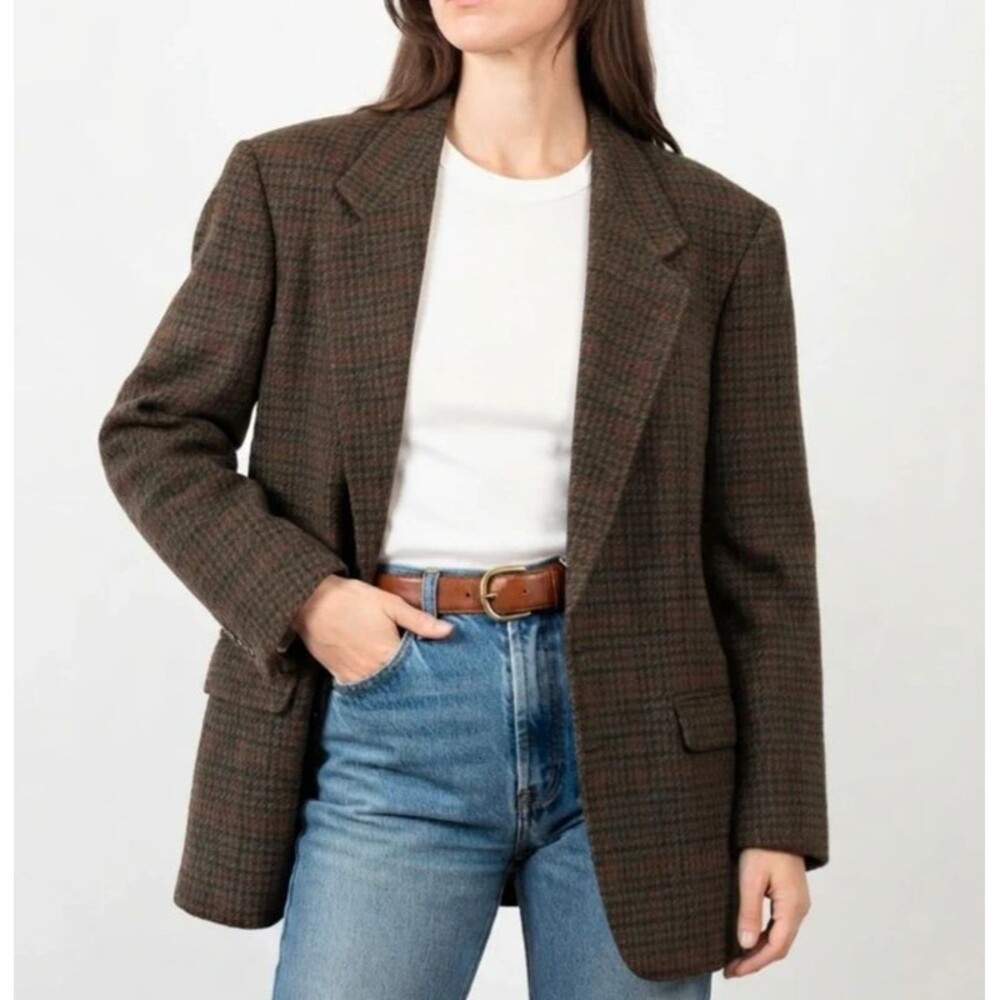 Vintage Geoffrey Beene Tweed Wool Blazer Jacket Brown Houndstooth Womens M